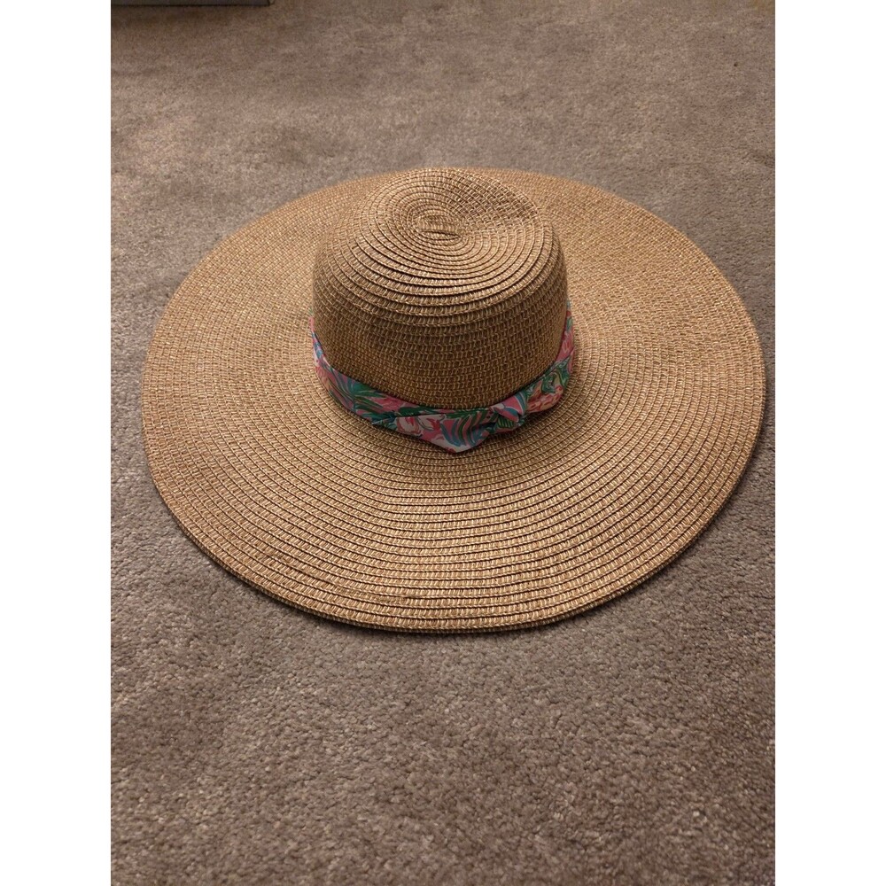 Lilly Pulitzer Straw Sun Hat w/ Pink & Green Floral Ribbon Band NWT